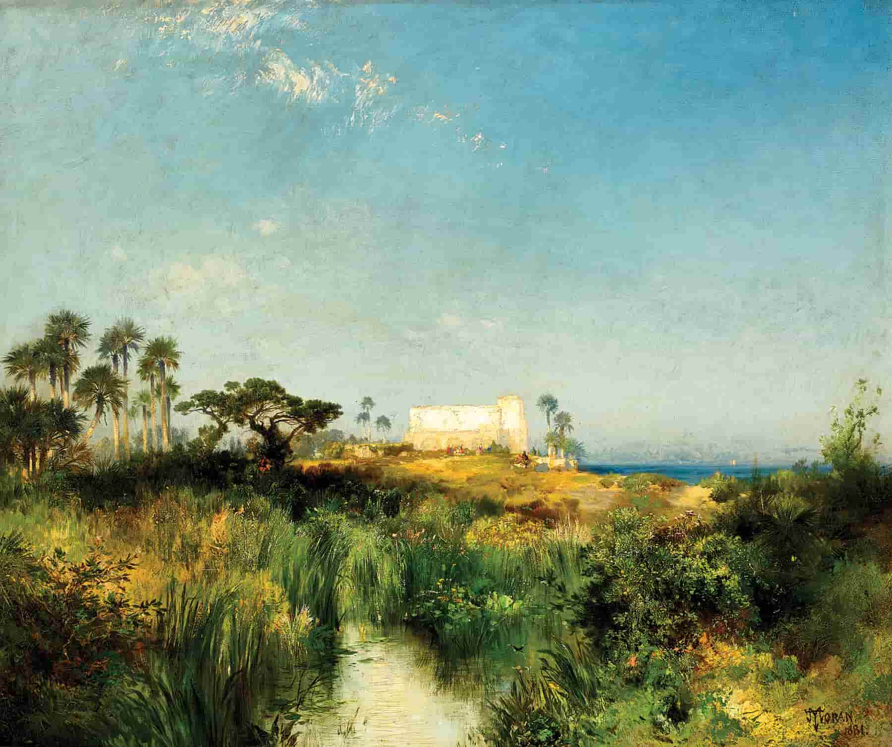 Thomas Moran's atmospheric view of the old watchtower at St. Augustine beneath a luminous sky