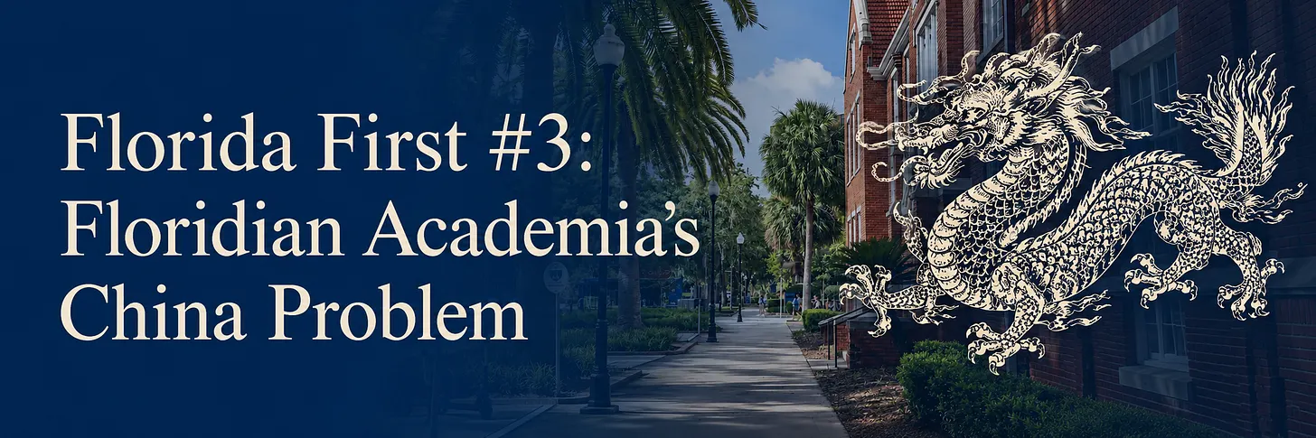 Florida university campus with a blue overlay and an illustrated Chinese dragon