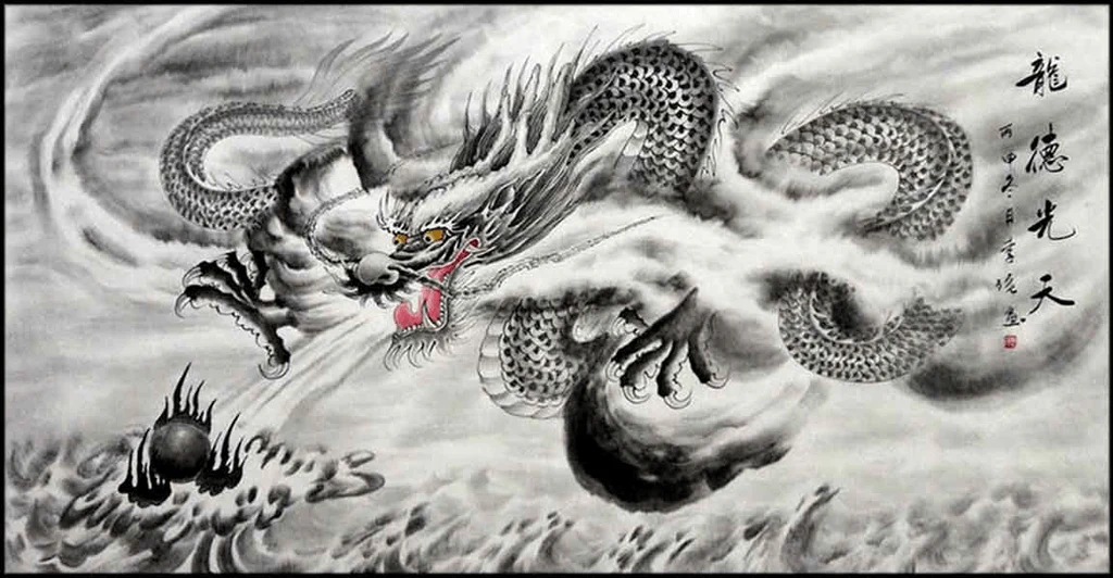 Chinese ink painting of a dragon emerging from swirling clouds
